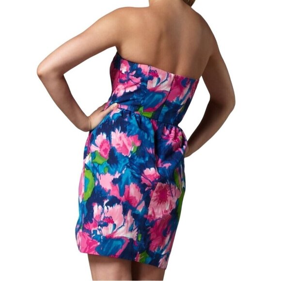 Shoshanna Strapless Mini Dress In Floral Watercolor Silk Blend Pink Blue Size 8 - Picture 4 of 7